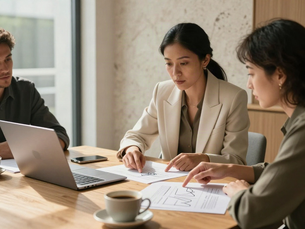 Business professionals reviewing analytical reports together in a focused strategy session