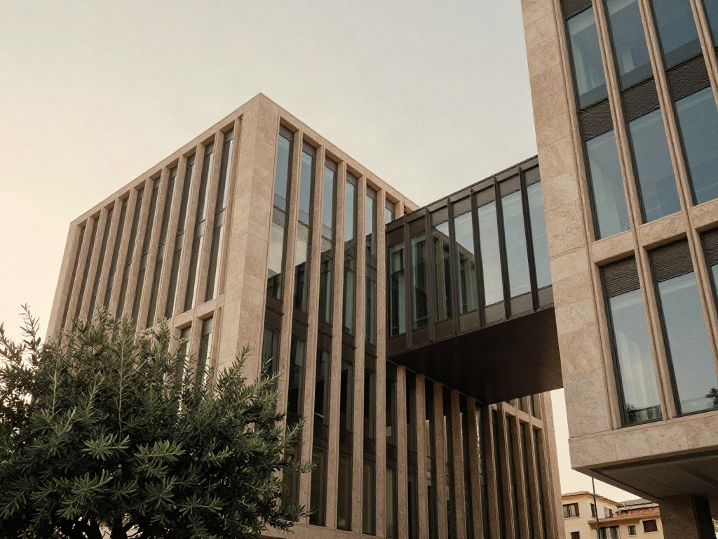 Sunlight revealing the clean lines and upward perspective of a contemporary corporate building
